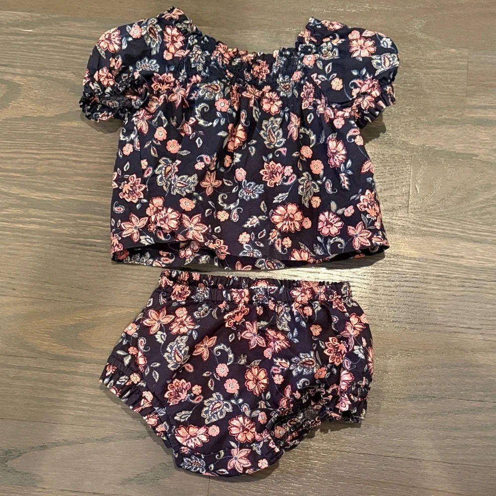 GAP Baby Fall Floral Smocked Puff Sleeve Matching Set - Navy and Pink